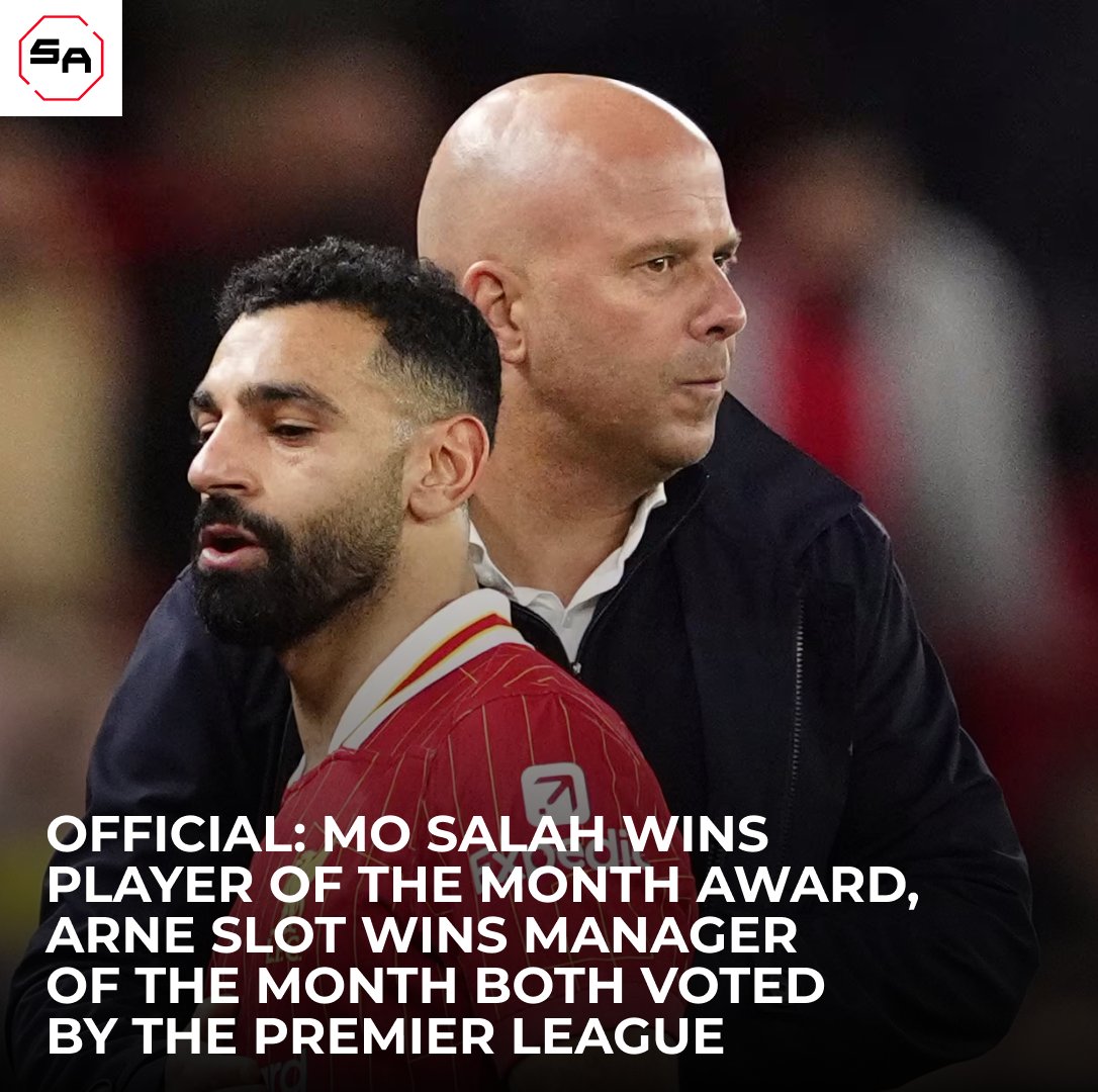 sportafrica2024's tweet photo. ❗️ #MoSalah wins Player of the Month Award, #ArneSlot wins Manager of the Month both voted by the #PremierLeague 👏
#EPL #Salah #Slot #Liverpool #LiverpoolFC #TopPlayers #GOAT #TopManager #EPLAward #footballnews #sportsupdate https://t.co/gRvxUI2JAg