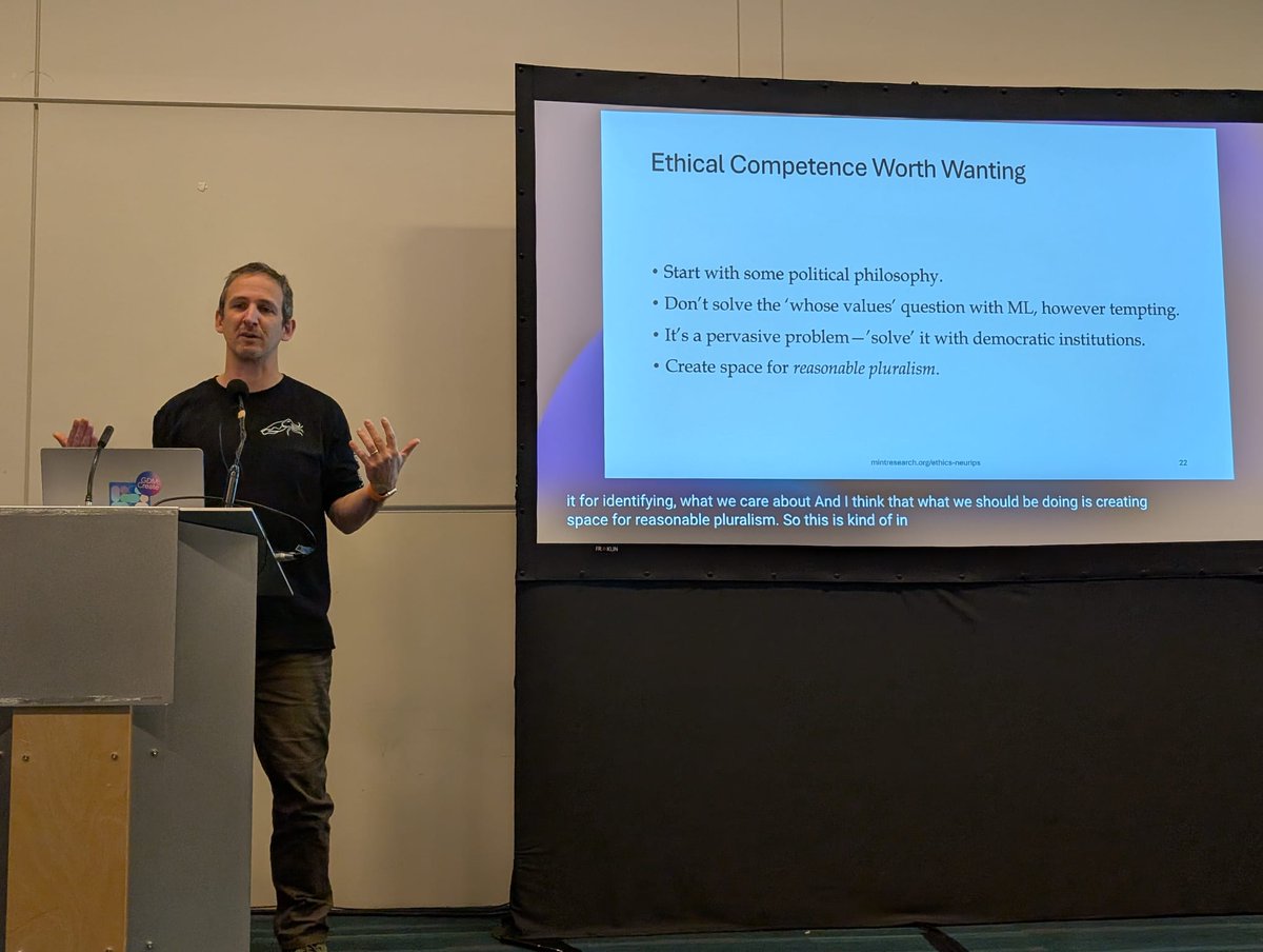 AFME 2024 @ NeurIPS (@afciworkshop) on Twitter photo In our third invited talk, <a href="/sethlazar/">Seth Lazar</a> discussed “Evaluating the Ethical Competence of LLMs”! #AFME2024 #NeurIPS2024 In our third invited talk, <a href="/sethlazar/">Seth Lazar</a> discussed “Evaluating the Ethical Competence of LLMs”! #AFME2024 #NeurIPS2024