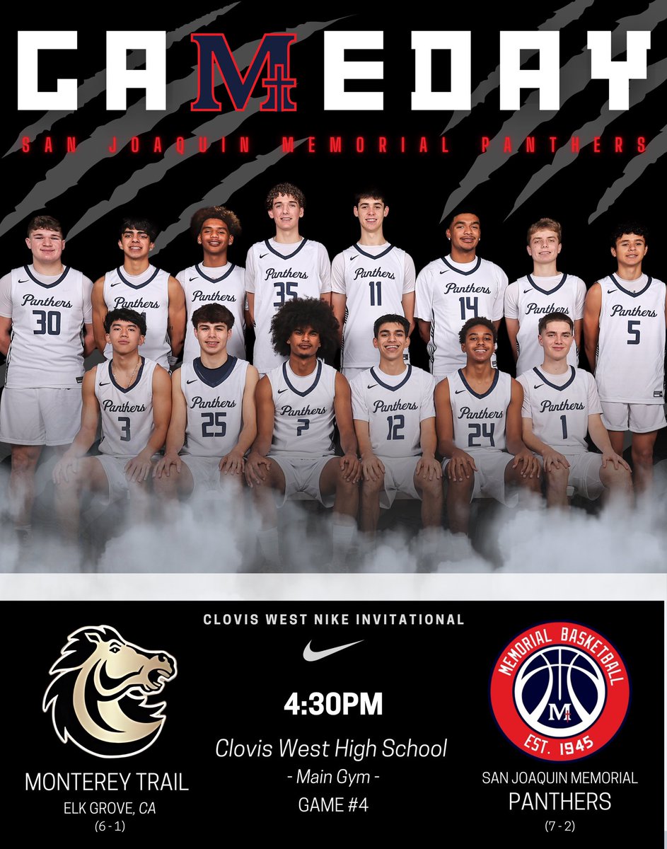 SJM wraps up Game 4️⃣ of the 2024 CW Nike Invitational against a tough (6-1) Monterey Trail team at 4:30 this afternoon! 

🆚  Monterey Trail Mustangs  (Elk Grove)

⌚️  4:30pm

📍  Clovis West High School   |   Main Gym

🏆  2024 CW Nike Invitational   |   Game  4️⃣

#DYJ
