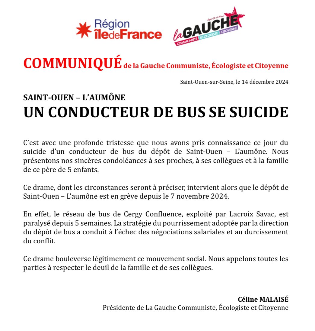 GaucheComIDF's tweet image. ⚫️ C’est avec une profonde tristesse que nous avons appris le suicide d’un conducteur de bus du dépôt de Saint-Ouen - L’aumône.

⚫️ Nous présentons non sincères condoléances à ses proches, à ses collègues et à la famille de ce père de 5 enfants.
