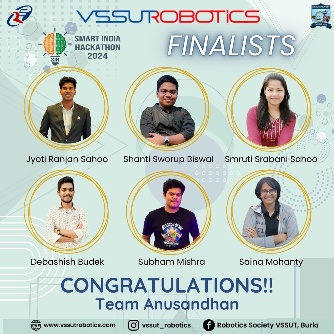 societyrobotics's tweet photo. The Robotics Society, VSSUT, BURLA proudly congratulates Team "Anusandhan" for their exceptional achievement on reaching the grand finale of the India Smart India Hackathon 2024. 
@SIH2024_MIC
Team "Anusandhan" showcased their idea for PS ID: SIH1538.

@EduMinOfIndia @AICTE_INDIA https://t.co/cj7mgYr2ha