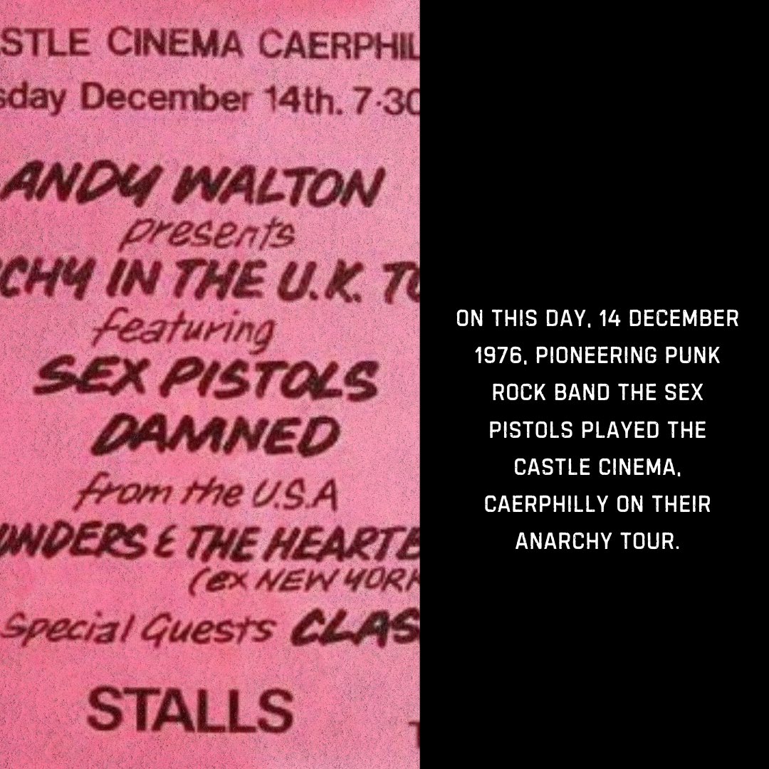 On this day, 14 December 1976, pioneering punk rock band the Sex Pistols played the Castle Cinema, Caerphilly on their Anarchy tour. 

keepcardifflive.com/news/2024/12/1…