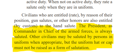 NeoPassport's tweet photo. @GeneralMCNews ICYMI, only the CURRENT #CIC returns a military salute. If that President is currently a civilian, the soldier may salute but does not touch the cap.

Donald J. Trump has been your #CIC for the last 8 years.

#FakeJoe was never #CIC. 
#TheDashMatters
🔻
https://t.co/bQ3ApkaHXG https://t.co/jjeb4TWqns