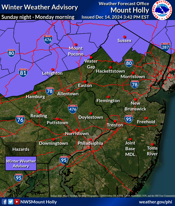NWS_MountHolly's tweet image. ⚠️❄️🧊 Precipitation, including a wintry mix near/north of I-78, will begin Sun night before changing to all rain into Mon morning. Some light snow and ice accumulation could result in slippery roads through Monday morning. A Winter Weather Advisory has been issued. #PAwx #NJwx