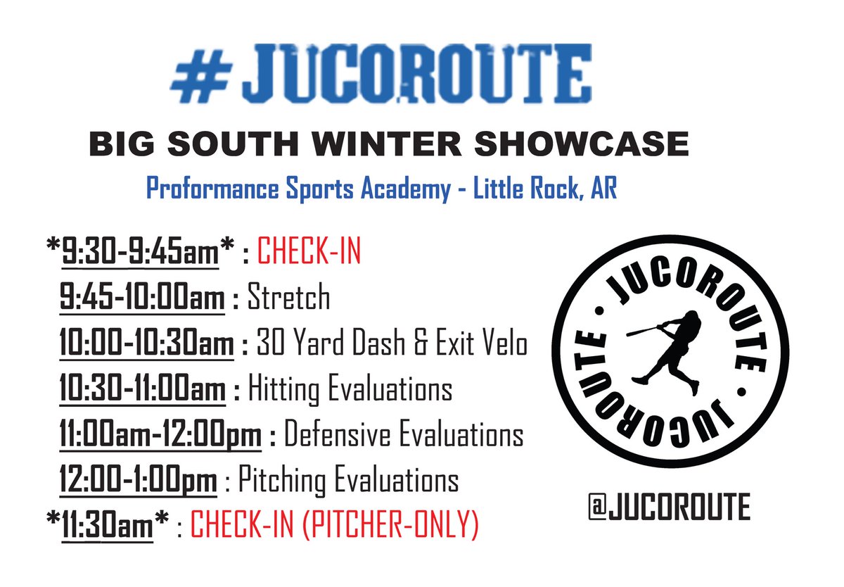 #JucoRoute (@jucoroute) on Twitter photo Here is tomorrow itinerary in Little Rock at <a href="/ProformanceLR/">Proformance Sports</a>
Players - dress to be in and outside
No metal cleats
<a href="/Austin_allen1/">Austin Allen</a> | <a href="/GamedayLLC/">GameDay Graphics LLC</a>
<a href="/DiamondLevelBSB/">Abel Lopez</a> Here is tomorrow itinerary in Little Rock at <a href="/ProformanceLR/">Proformance Sports</a>
Players - dress to be in and outside
No metal cleats
<a href="/Austin_allen1/">Austin Allen</a> | <a href="/GamedayLLC/">GameDay Graphics LLC</a>
<a href="/DiamondLevelBSB/">Abel Lopez</a>