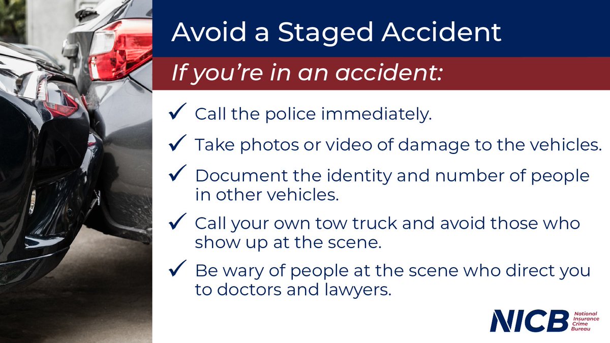 Do you know how to avoid fraud after an accident occurs? Our number one tip is to take stock of the situation and record what you can!

Follow NICB's post-accident tips to make sure you aren't taken advantage of by rogue towers or fraudsters staging accidents.