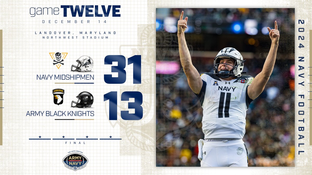The Commander-In-Chief's Trophy is coming back to Annapolis!!☠️
#FearTheBones 

Navy 31 | #19 Army 13
FINAL