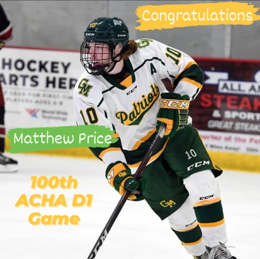 GMUHockeyScout's tweet photo. Congratulations to GMU Patriot Alternate Captain Matthew Price on 100 Games in the Green &amp; Gold! Matt celebrated by scoring an unassisted goal in the win over Army!
@GeorgeMasonU @MasonSportsPod @ByGeorgeGMU @MasonAlumni @MasonAthletics @GMUGiantKiller @GMUPres @GMUClubSports https://t.co/ScDxqzH18P