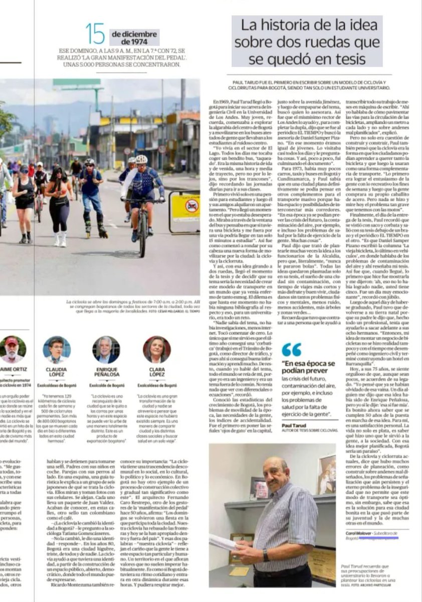 Hace unos 50 años mi papá <a href="/Paultarud17/">Paul Tarud</a> hizo su tésis de grado con el planteamiento de una cicloruta en Bogotá … siempre visionario! Que buen artículo recordando esa historia.