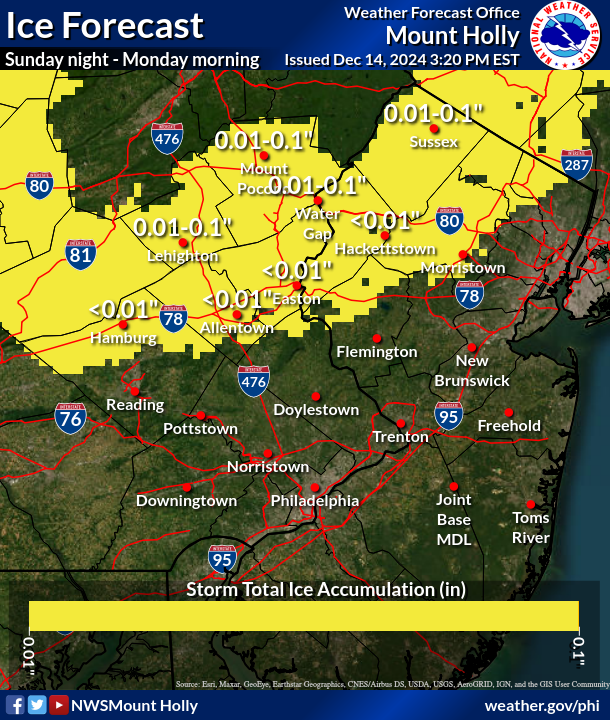 NWS_MountHolly's tweet image. ⚠️❄️🧊 Precipitation, including a wintry mix near/north of I-78, will begin Sun night before changing to all rain into Mon morning. Some light snow and ice accumulation could result in slippery roads through Monday morning. A Winter Weather Advisory has been issued. #PAwx #NJwx