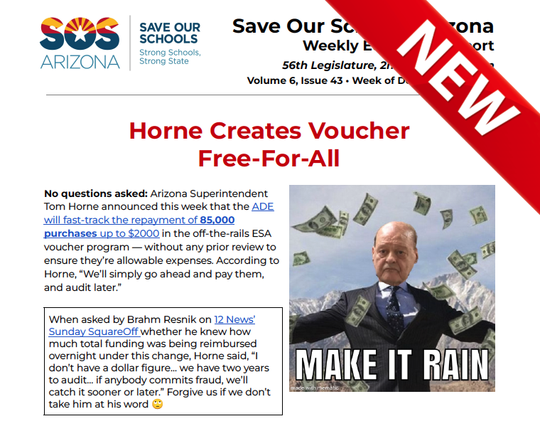 arizona_sos's tweet photo. 😡 Supt. Horne is fast tracking payments for 85,000 voucher reimbursements — with zero oversight.

The ADE’s new “pay now, ask questions later” policy will open the floodgates for far more #voucher fraud and abuse.

Read more in our #WeeklyEdReport at https://t.co/EocGazmSFJ https://t.co/cHVhwIWvN0