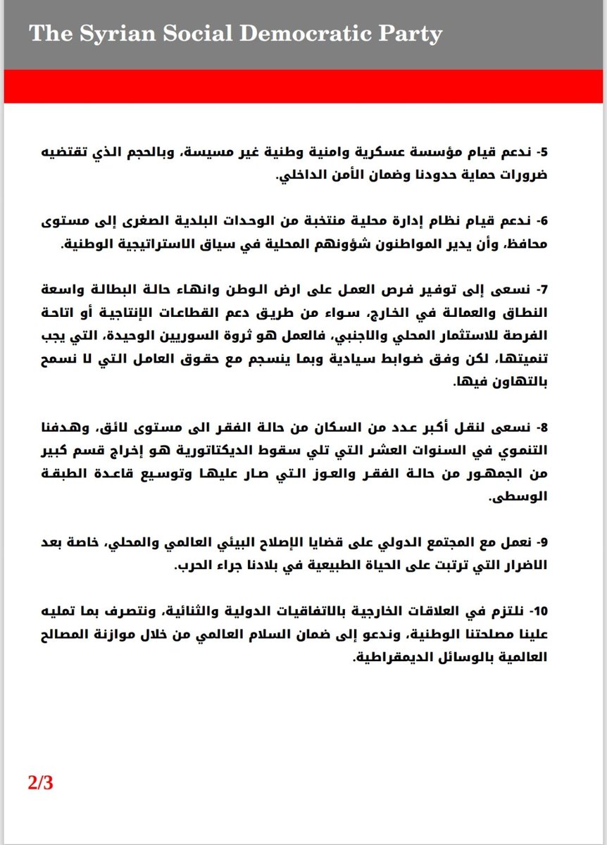 Syriandemocrats's tweet photo. البرنامج السياسي للحزب السوري الديمقراطي الاجتماعي لمرحلة ما بعد سقوط الديكتاتورية.
هنا سنعيد نشر البرنامج السياسي للحزب، والذي اقر في المؤتمر التأسيسي الذي عقد في باريس في 23/سبتمبر من سنة 2023، وجاء فيه:
#الحزب_السوري_الديمقراطي_الاجتماعي 
#syrian_social_democratic_party https://t.co/Pho8seRHnd