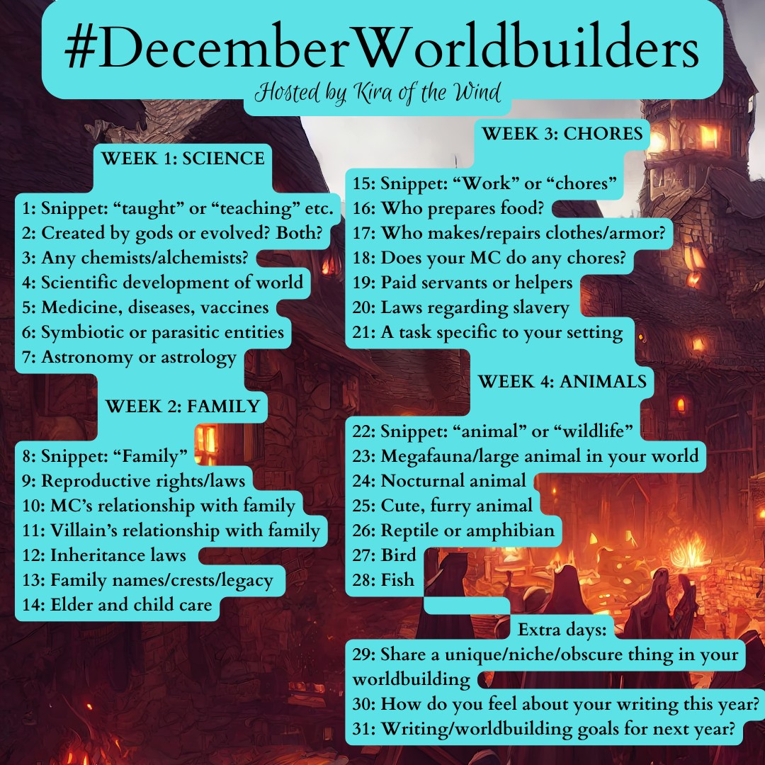 #DecemberWorldbuilders
14: It's generally accepted that children and the elderly are taken care of by their families!