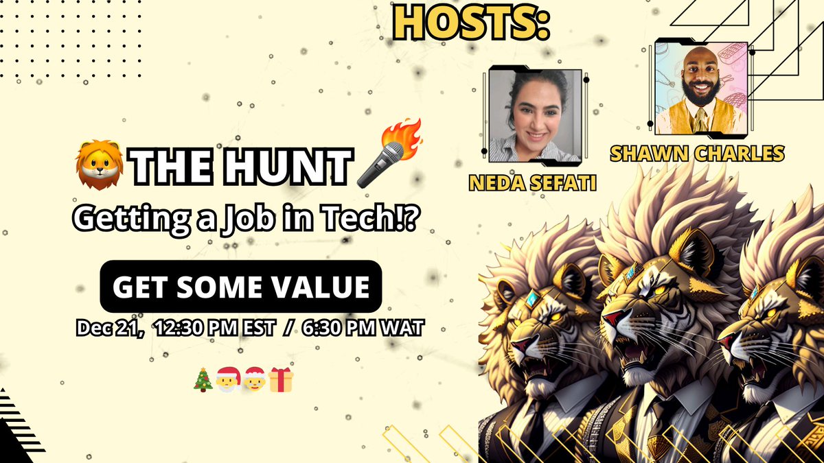 Neda Sefati (@neda_sefati) on Twitter photo 🦁THE HUNT🎤🔥Getting a Job in Tech⁉️GrabTheMic🎤🔥
<a href="/ShawnBasquiat/">Shawn Charles🎤🔥</a> and I (<a href="/neda_sefati/">Neda Sefati 🪶</a>) will be hosting <a href="/TheHuntSpaces/">The Hunt🎤🔥</a> on X.
📅 Saturday, December 21st
🕤 9:30 am PST / 12:30 pm EST / 6:30 pm WAT
x.com/i/spaces/1nAKE…
If you're on the hunt 🔍 for your next job in tech and 🦁THE HUNT🎤🔥Getting a Job in Tech⁉️GrabTheMic🎤🔥
<a href="/ShawnBasquiat/">Shawn Charles🎤🔥</a> and I (<a href="/neda_sefati/">Neda Sefati 🪶</a>) will be hosting <a href="/TheHuntSpaces/">The Hunt🎤🔥</a> on X.
📅 Saturday, December 21st
🕤 9:30 am PST / 12:30 pm EST / 6:30 pm WAT
x.com/i/spaces/1nAKE…
If you're on the hunt 🔍 for your next job in tech and