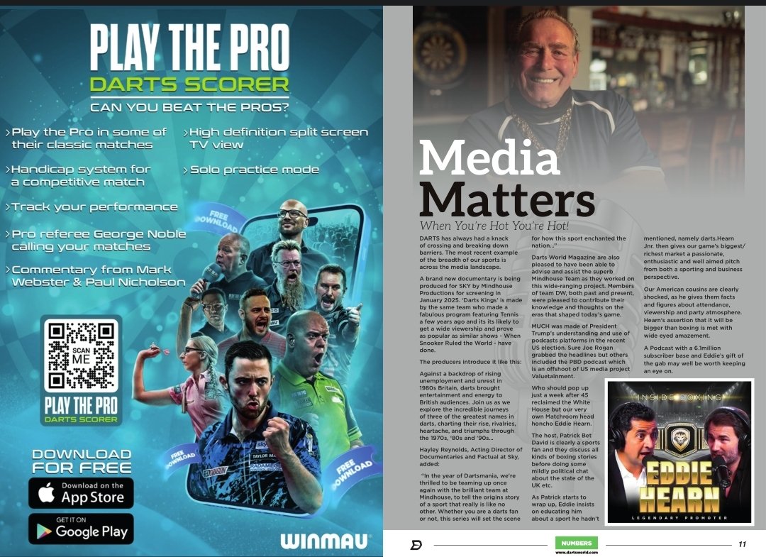 🟣🔵 Darts World (588) 🔵🟣
Winter 24: Out Noe
🛒 dartsworld.com/magazines/

Inside: Media Matters

📝 Initially, the brainchild of <a href="/dartsweb180/">dartsweb 🎯</a> we're keeping his seat warm.

📺  Darts across the media spectrum. 

#TheOfficialVoiceOfDarts

🔹️Play The Pro: qrco.de/bfSJB2