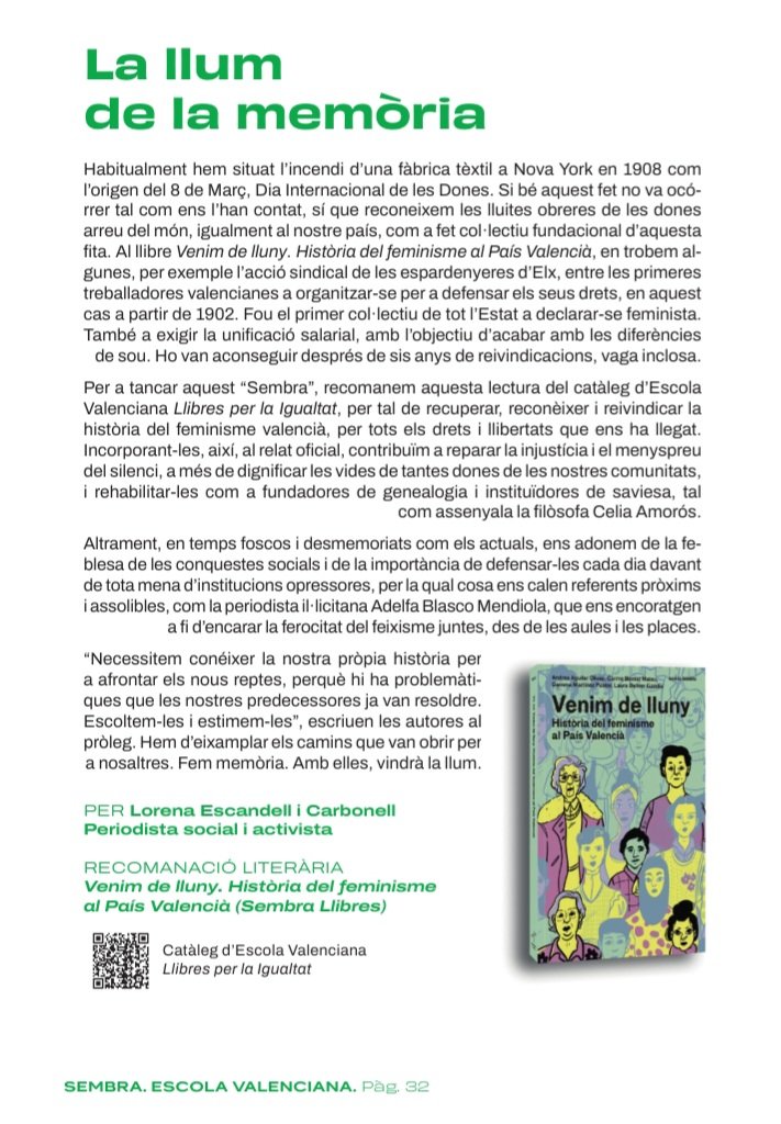 lorenaescandell's tweet photo. "Necessitem referents pròxims i assolibles que ens encoratgen a fi d'encarar la ferocitat del feixisme juntes, des de les aules i les places."
Escric de les espardenyeres d'Elx i la desmemòria a la revista #Sembra d'@escolatv.
https://t.co/4TN17uH5fu https://t.co/KW7iYwNUuT