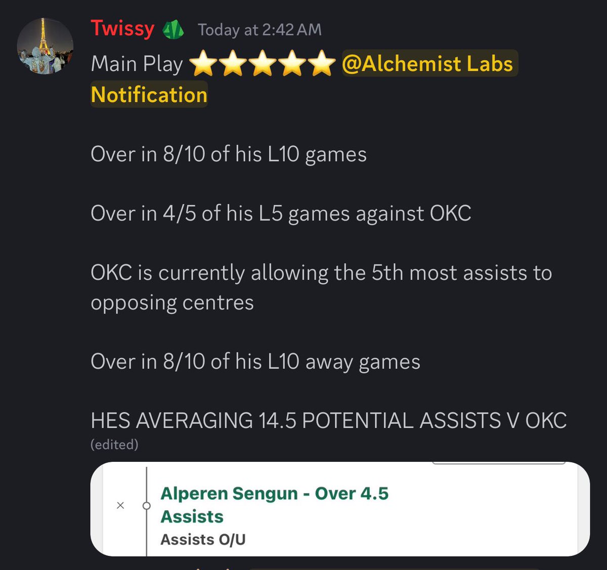 TSporttts's tweet photo. Alperen Sengun  “O” 4.5 Assists🔥

HE’S AVERAGES NEARLY 15 POTENTIAL ASSISTS VS OKC😱

I’d even take this at 5.5

Mini Write Up Below⬇️📝

Let’s Cash Tonight🤝🍀

#GamblingTwitter #NBABets #PlayerProps #NBAProps #Rockets  #PrizePicks #SportsBettingX #GamblingX #Thunder #NBACup https://t.co/xYXUNPwiDJ