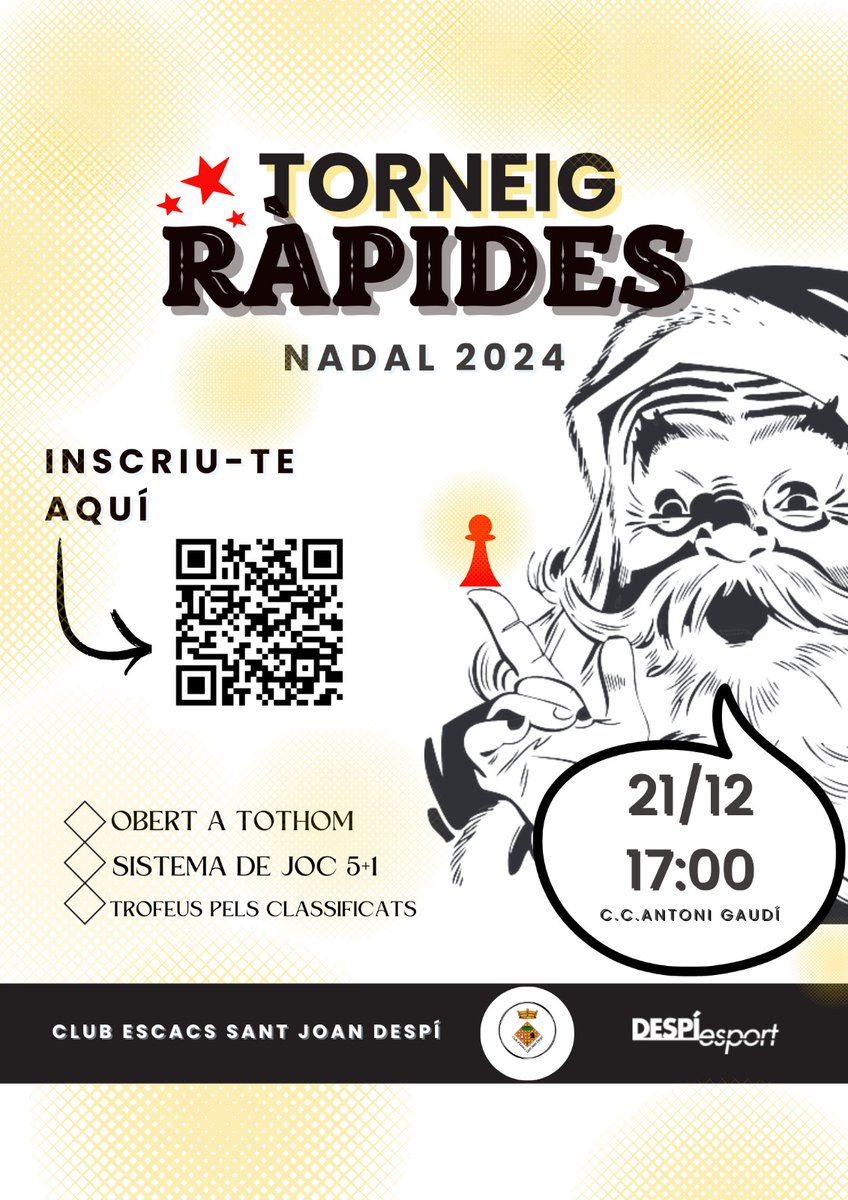 El Nadal ja el tenim a tocar!!!!
Falten poquetes places per jugar el torneig🎄
Animeu-vos!!!!
🔗forms.gle/8QB4h4AQLDJXnw…
<a href="/DESPIesport/">DESPÍesport</a> 
<a href="/AjSJDespi/">Ajuntament Sant Joan Despí</a>