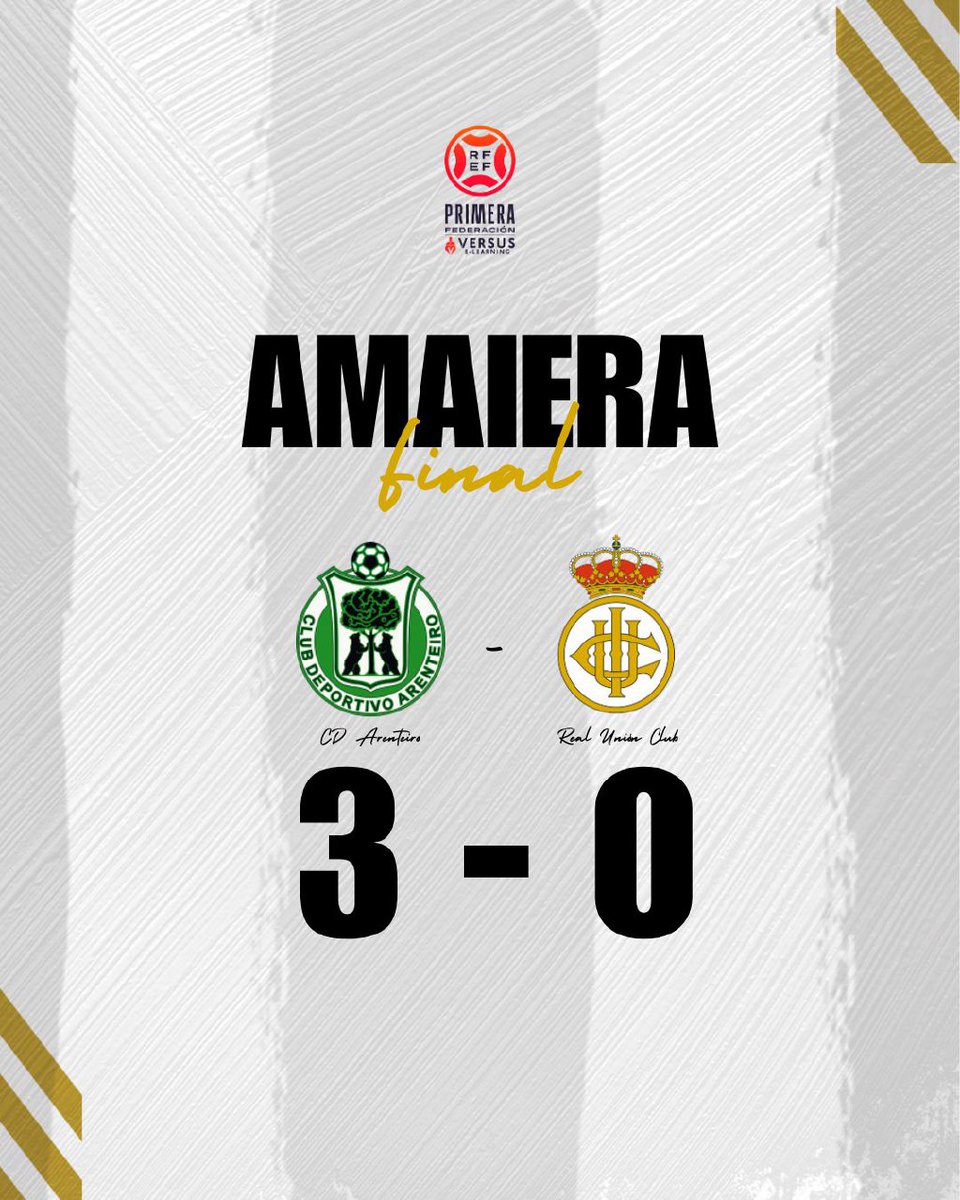 💥 FINAL

🏟️ Estadio de Espiñedo

<a href="/CD_Arenteiro/">CD Arenteiro</a> 3️⃣
🆚
<a href="/REALUNIONCIRUN/">Real Unión Club Irun</a> 0️⃣
 
⚽  David Ferreiro, Pascual y Tomás Berardozzi

✍🏻 El #RealUnion se queda con 2️⃣0️⃣ puntos

✍🏻 Próximo partido: Domingo, 19:30 horas 🆚 <a href="/CyDLeonesa/">Cultural y Deportiva Leonesa</a>

🏟️ Stadium Gal

📸 <a href="/REALUNIONCIRUN/">Real Unión Club Irun</a>