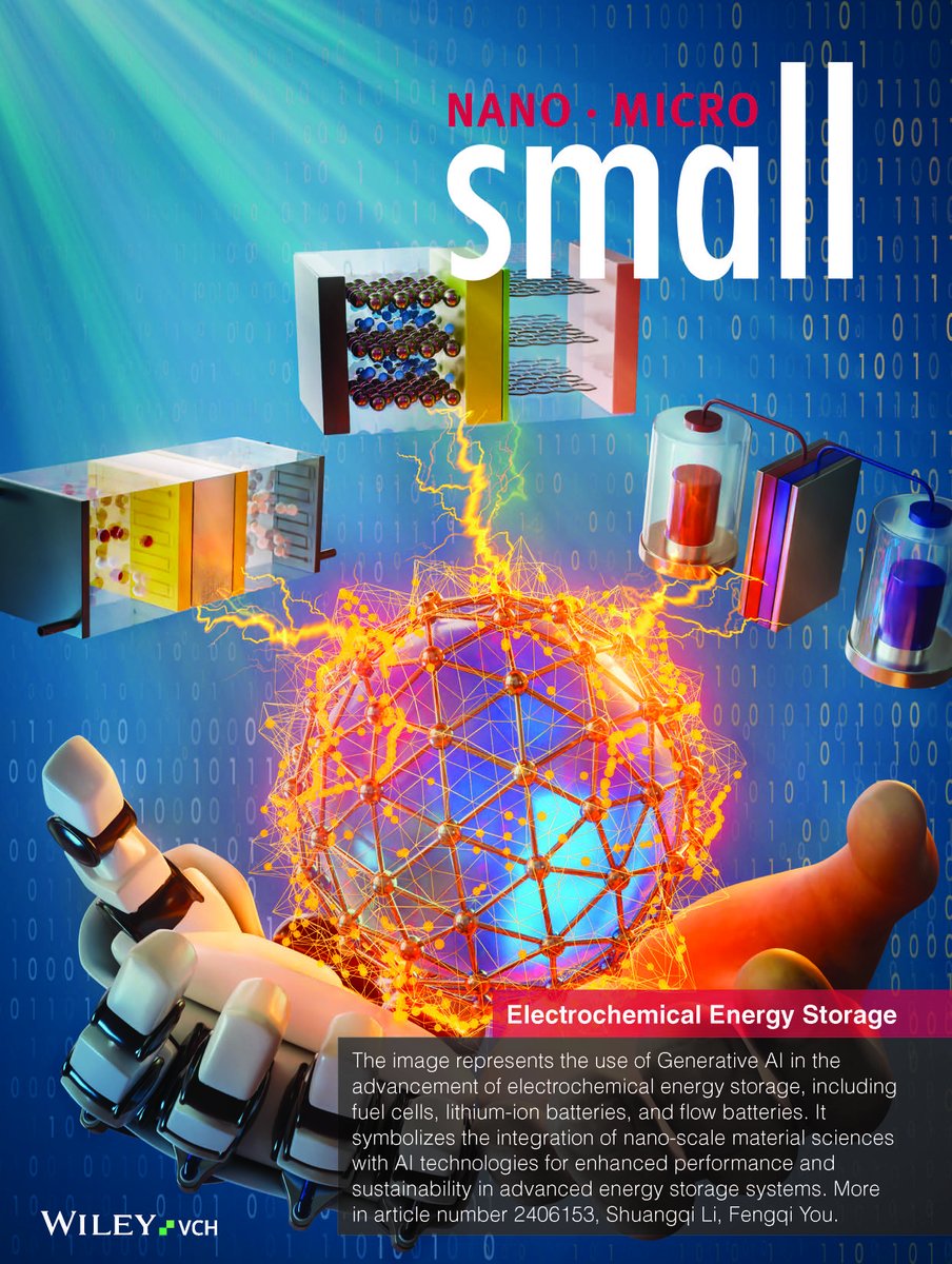 Pleased to share our Frontispiece in "Small"! The artwork and review explore GenAI in advancing electrochemical energy storage. ⚡📷 Discover more: onlinelibrary.wiley.com/doi/epdf/10.10……  and doi.org/10.1002/smll.2…

#AI #EnergyStorage #Sustainability 📷 🌿