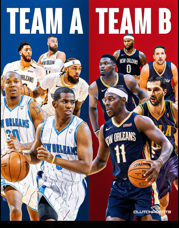 PelicansLead's tweet photo. Team A:
Chris Paul
Brandon Ingram
David West
Anthony Davis
Jonas Valanciunas

Team B:
Jrue Holiday
Peja Stojakovic
Ryan Anderson
Zion Williamson
Demarcus Cousins https://t.co/trCxVVmYn4