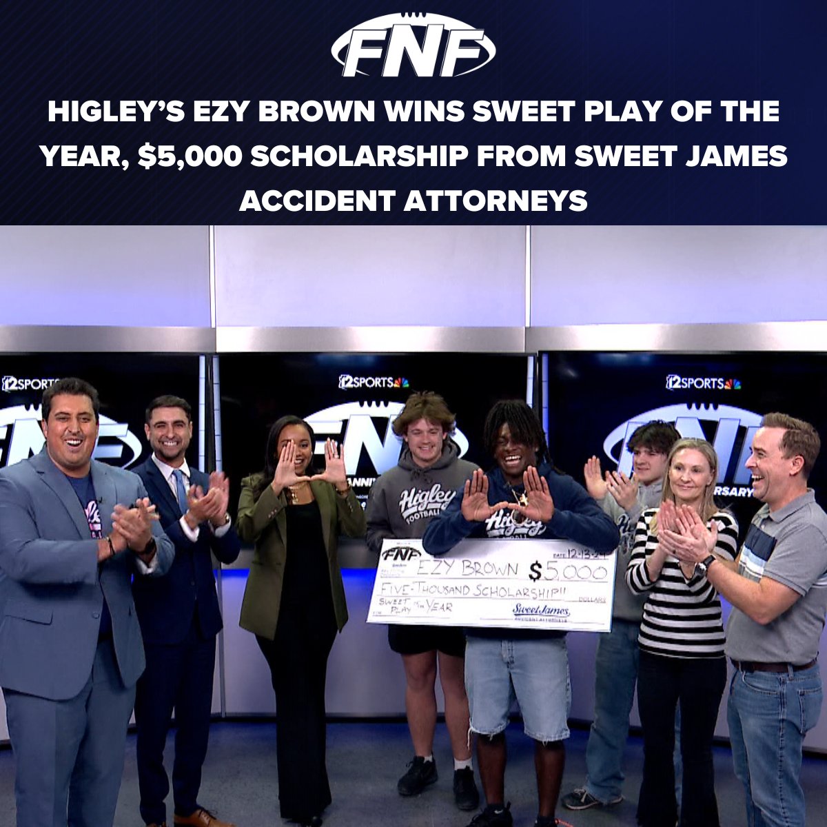 J_Vinton52's tweet photo. Congrats to the winner of the #SweetPlay of the Year and a $5,000 scholarship from @SweetJames: @EzyBrown2 from @HIGLEYFOOTBALL for his Week 10 interception! Ezy got more than 307,000 of the 1.1 million votes!
Story: https://t.co/G9cIVir81n
Video: https://t.co/e3YDDAv9eI https://t.co/CQ52JQT0Ur