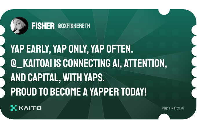 0xfishereth's tweet photo. Yap early, yap only, yap often.

@_kaitoai is connecting AI, attention and capital with Yaps.

Just claimed my social card and I'm accumulating Yap points in real-time.

Claim yours 👉 https://t.co/NsmT0f4W1J https://t.co/1VDlXXnWnM