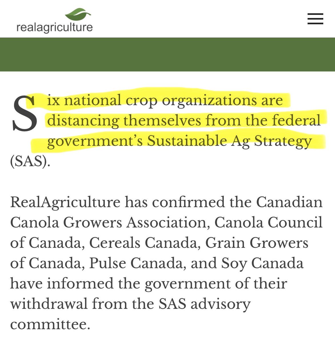 SHOCKING DEVELOPMENT🚨:

6 major national Ag organizations, representing hundred of thousands of farmers, have SEVERED TIES with Trudeau’s disastrous UN-Sustainable Ag Strategy.

Farmers, producers, &amp; ranchers are DONE with the NDP-Liberal government’s assault on Canadian