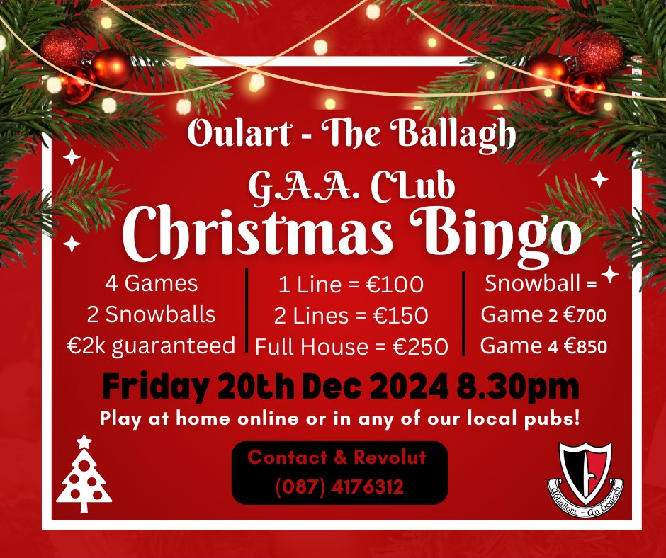 Our Annual Christmas Bingo night takes place next Friday night with lots of prize money to be given out. 

Spread the word and play at home online with friends &amp; family or join into any of the local pubs for lots of craic! 
Books €10 each. 

🤞🏻🔴⚫️