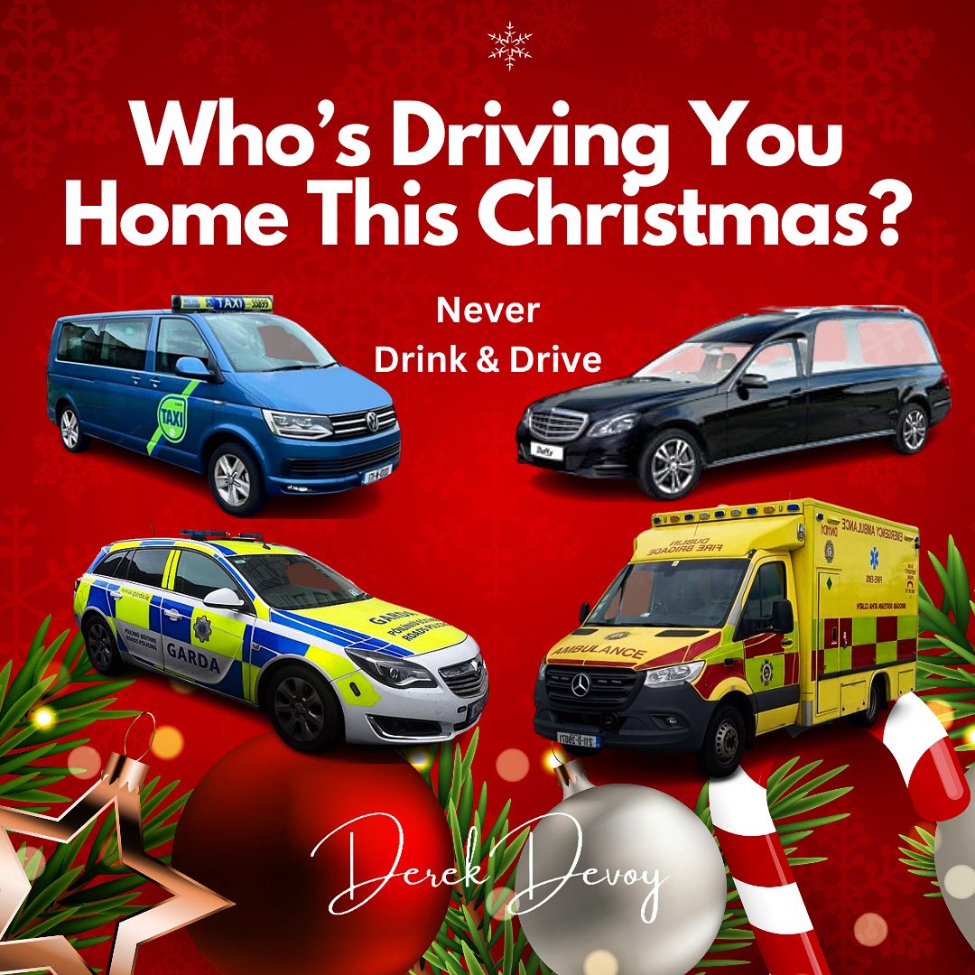 derekdevoy's tweet image. Please retweet and help save lives this Christmas🎄Drink driving or taking drugs while driving kills! 

#NeverEverDrinkAndDrive #SaveLivesThisChristmas #GetATaxi #TakeABus #GetTheLuas #Garda #RoadSafetyAuthority #WhosTakingYouHome #GardaTraffic