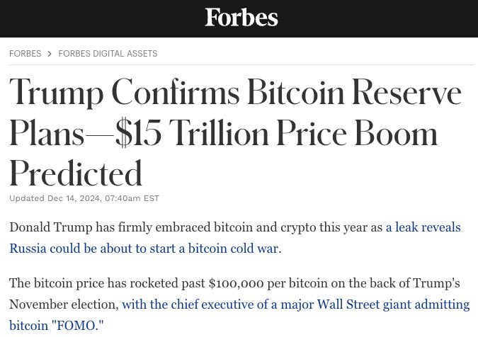 „Trump bestätigt Pläne für #Bitcoin-Reserven – Preisboom von 15 Billionen Dollar vorhergesagt“ – Forbes 🚀