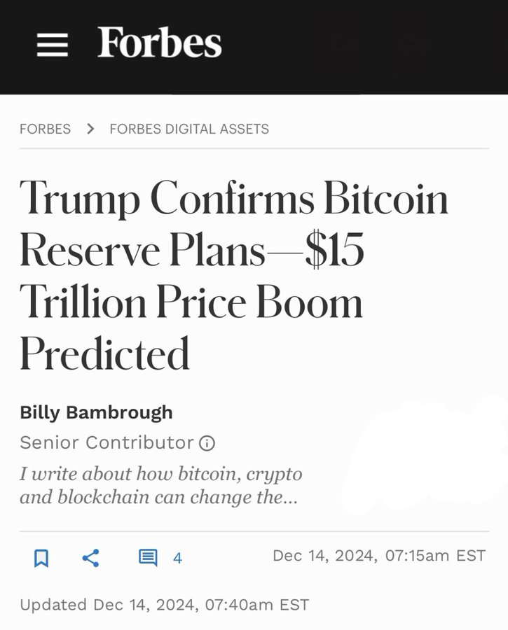 According to <a href="/Forbes/">Forbes</a> #Trump confirms #Bitcoin reserve plans.