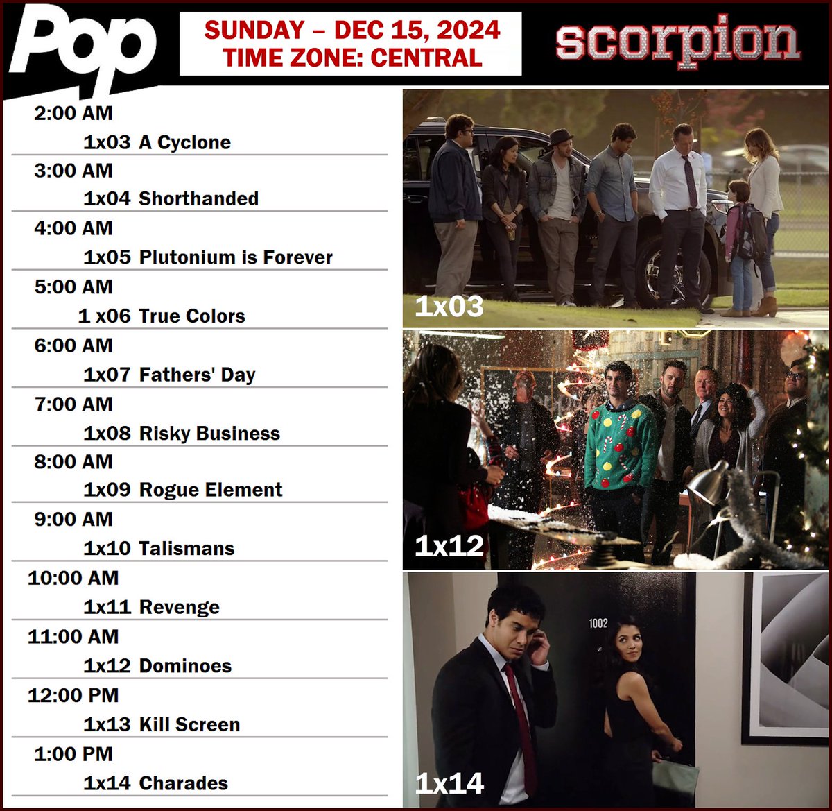 Dear American fans, you can watch 12 great episodes from Season 1 tomorrow on <a href="/PopTV/">Pop</a>.
The details are in the picture. 🙂
Have fun with <a href="/ScorpionCBS/">Scorpion</a>!