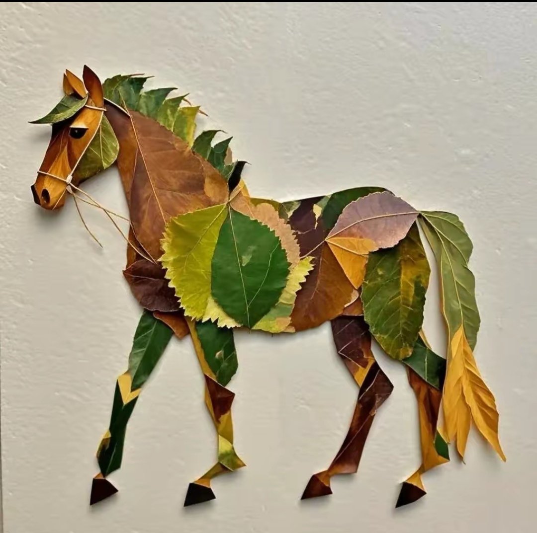 star55663's tweet image. #互关fo
树叶拼成骏马，真是栩栩如生。