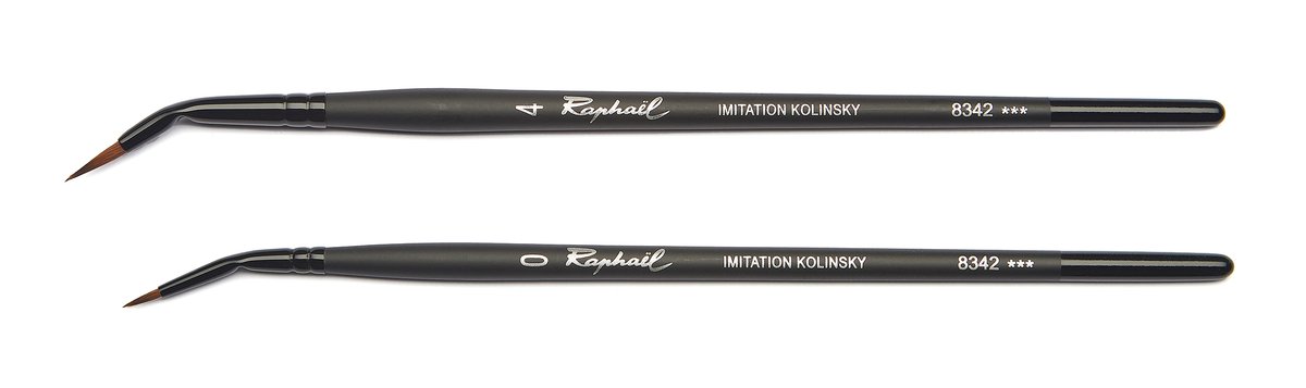 ラファエル 新商品のご案内
水彩筆「ストラディバリウス」

8342　丸・カーブ

細かな描写を、筆を寝かせたり垂直に立てる事なく描けます。
先端に角度が付いているので、描きながらも画面が見えやすく、細密な表現に大変適しています。

穂丈は約7mm（0号）と10mm（4号）です。

2サイズ（0/4号）展開