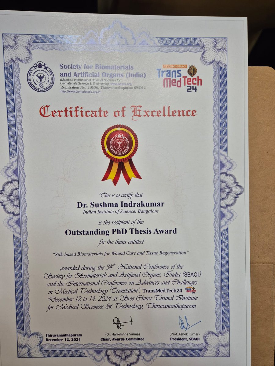 Congratulations to Dr. Sushma Indrakumar for winning the "Best Doctoral Thesis Award 2024" from from the Society for Biomaterials and Artificial Organs India!
Under Prof. Kaushik Chatterjee, she worked on Silk-based Biomaterials for Wound Care &amp; Tissue Regeneration
<a href="/iiscbangalore/">IISc Bangalore</a>