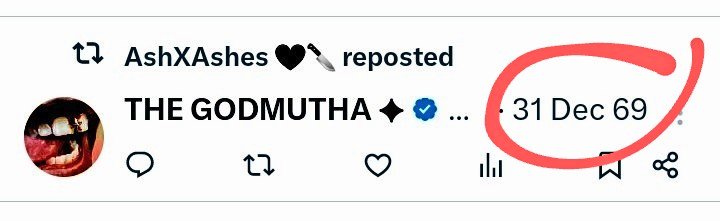 TheTamarDick's tweet image. 🔎Anyone else notice this freaky-#FridayThe13th mystery?

Last night, this date anomaly appeared on multiple posts—but only on tweets with media (that would only display it upon clicking on the tweet directly).
@AshXAshes @THEG0DMUTHA

Check out the &quot;31 Dec 69&quot; #DateStamp below⤵️