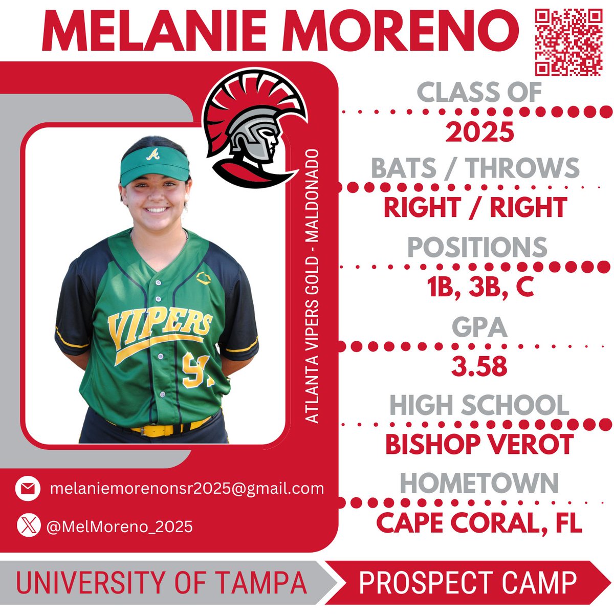 Melanie Moreno is ready to work and showcase her powerful bat tomorrow at the University of Tampa Prospect camp.  You got this Mel!!

Profile⬇️
atlantavipersfastpitch.org/melaniemoreno-…

<a href="/CoachNeubauer_6/">Katie Neubauer</a> <a href="/UTampaSoftball/">Tampa Softball</a> <a href="/coachjp_ut/">Jeff Pegram</a> <a href="/MelMoreno_2025/">Melanie Moreno</a>  <a href="/thevipernation/">Atlanta Vipers Fastpitch</a>