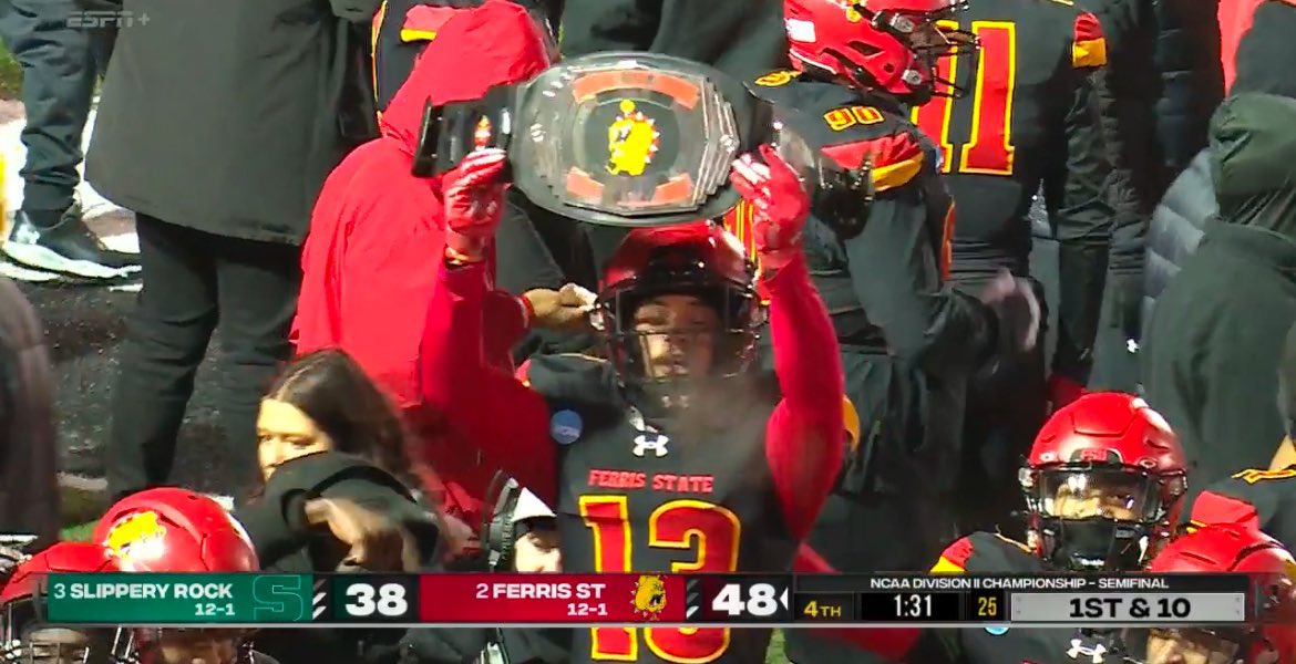 Ferris State is going back to the D-II football national championship. 

The Bulldogs beat Slippery Rock 48-38 to advance to the championship game on Saturday, December 21 in McKinney, Texas.