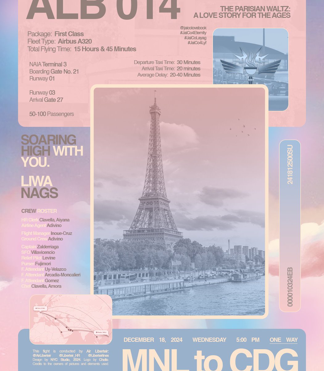 AirLiberteir's tweet image. ㅤ 

               #LIBERTÉIR
               𝗙𝗟𝗜𝗚𝗛𝗧 𝗔𝗟𝗕 014

               Manila  to  Paris   (𝗠𝗡𝗟 𝘁𝗼 𝗖𝗗𝗚)
               December 18, 2024 — 5:00 PM
               @jaicolovebook
               
               We 𝘀𝗼𝗮𝗿 𝗵𝗶𝗴𝗵 with you!

ㅤㅤ
