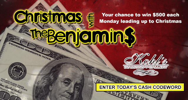 thelaseronline's tweet photo. We're giving away another $500 on Monday during The Laser's "Christmas With The Benjamins"! Here's an extra Cash Codeword for the weekend:  GIFTS
Submit that codeword at https://t.co/hTRvNxo8Fg before Sunday night at 11:59pm to unlock an entry in Monday's (12/16) random drawing. https://t.co/PcylWHjWdd
