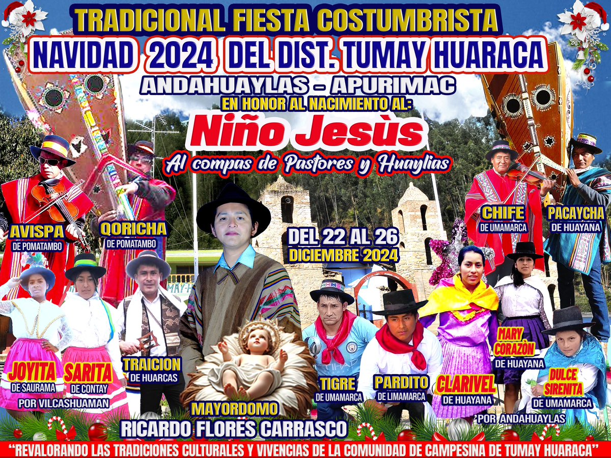 Del 22 al 26 de diciembre, celebraremos la Festividad Costumbrista en honor al Niño Jesús de Umamarca, de la cual tengo el honor de ser el actual mayordomo. ¡Te estaremos esperando para compartir nuestra rica expresión cultural andahuaylina al ritmo de "Pastores y Huaylias"!