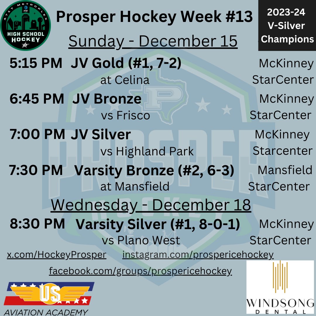 Three JV games Sunday evening at the McKinney Starcenter, while VB is in Mansfield. VS closes out 2024 on Wed. #GoProsper
<a href="/ProsperHS/">Prosper High School</a> <a href="/RockHillHS/">Rock Hill High School</a> <a href="/WalnutGroveHS/">Walnut Grove High School</a> <a href="/RockHillMedia/">Rock Hill Media</a> <a href="/EagleNationNews/">Eagle Nation Network</a> <a href="/TheGroveMedia/">Grove Media</a> <a href="/ProsperHaysMS/">Hays Middle School</a> <a href="/PISDReynolds/">Reynolds Middle School</a> <a href="/ProsperRogersMS/">Rogers Middle School</a> <a href="/ProsperRushing/">Rushing Middle School</a> <a href="/ProsperISD/">Prosper ISD</a>