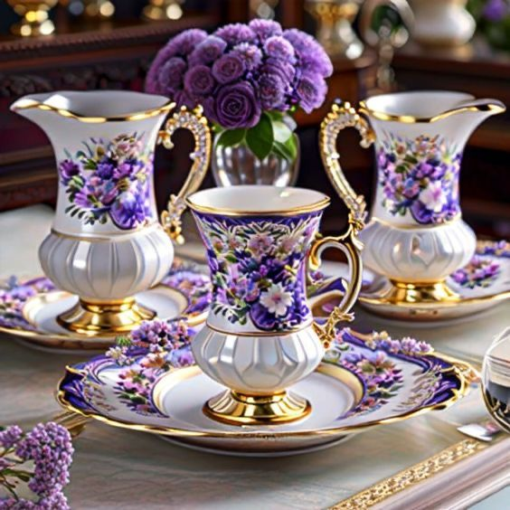 carolbeck57's tweet image. Purple pansy tea set with gold trim.  #dinnerware