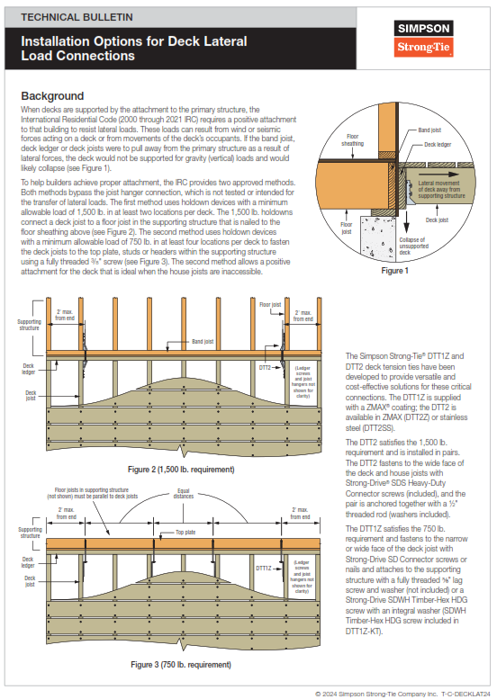 eduedoo's tweet photo. When it comes to earthquake size, what the public most recognizes is known as the Richter scale which basically is a measure of the earthquake magnitude. The Richter scale does have limitations so there are now other magnitude scales to describe the magnitude of an earthquake. A 4.0 to 5.0 magnitude earthquake can be characterized as a light to almost moderately strong earthquake which in general may lead to minor structural damage. Structures designed and constructed in the last 30 years should respond very well to a 4.0 to 5.0 magnitude earthquake. The actual seismic force that any structure may experience in reality is based on many factors, including but not limited to, the magnitude of the earthquake, the earthquake depth, the earthquake duration, distance to the epicenter, peak ground accelerations, on-site soil characteristics, the type of foundation and the soil-structure interaction, structure type and the period of the structure, etc.

With all that said, for a deck of this size and its fairly elevated position based on the elevation photos, this deck needs to be laterally tied back to the main structure via the floor framing. Per the 2022 California Residential Code, the following is the current code provision to satisfy the lateral connection. (Photo 1)

Simpson Strong-Tie @strongtie has a technical bulletin (T-C-DECKLAT24) that goes into more detail and provides practical solutions to satisfy the deck lateral load connection. While a 4.0 to 5.0 magnitude earthquake may be considered light, for larger decks that aren’t laterally connected appropriately, even light earthquakes can cause the deck to separate from the main structure. This separation can be considered potentially catastrophic because it is a single point of failure that could lead to a deck collapse and bodily injury. (Photo 2 through 4)