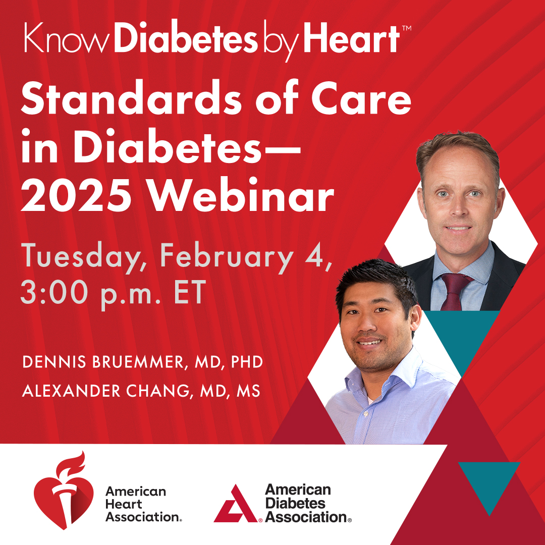 Join us on February 4 for a webinar exploring updates to the 2025 Standards of Care in Diabetes, with a focus on type 2 diabetes, cardiovascular disease and chronic kidney disease.
 
🔗 Register: bit.ly/3Vw6lpk
 
#KnowDiabetesByHeart #DiabetesCare #CVD