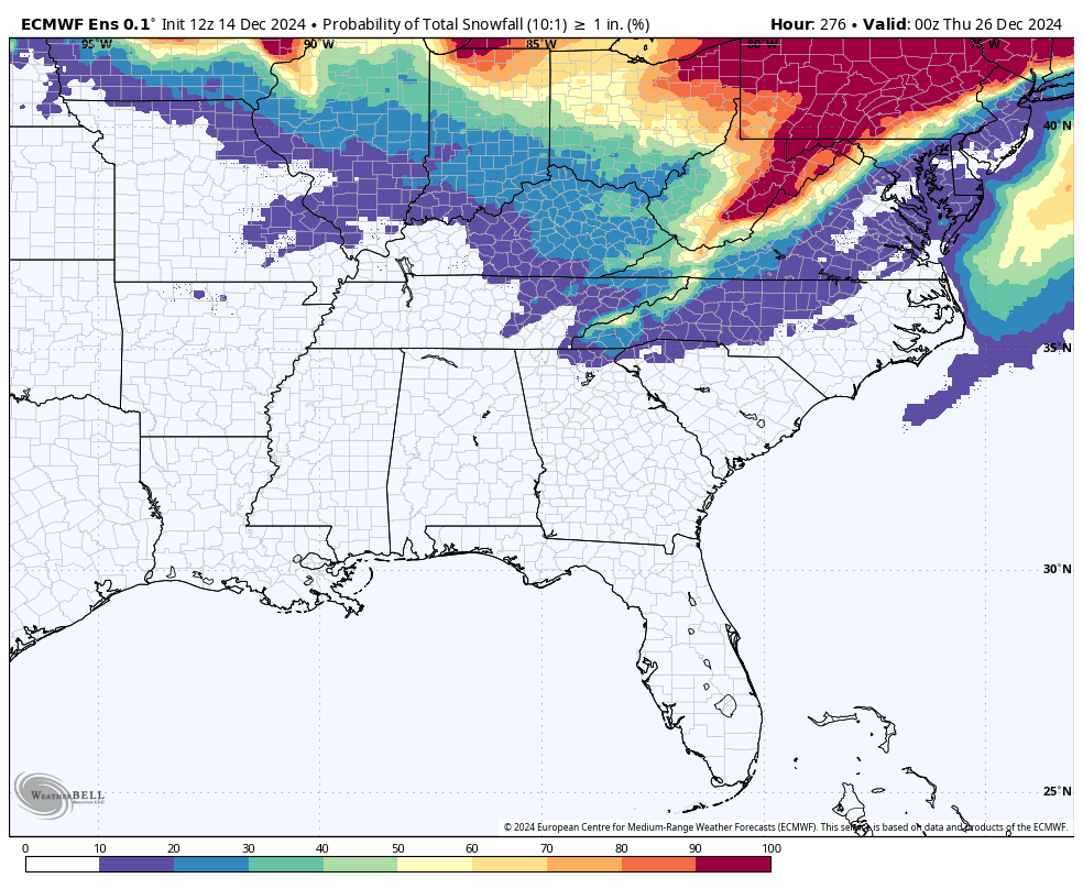 spann's tweet image. Here is the probability of one inch of snow or more through Christmas Day (from the European global model/ensemble output). Just FYI.