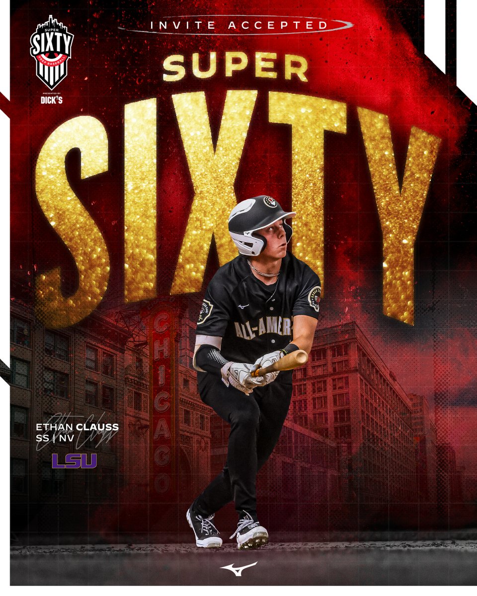 𝟐𝟎𝟐𝟓 𝐒𝐮𝐩𝐞𝐫 𝟔𝟎: 𝗜𝗻𝘃𝗶𝘁𝗲 𝗔𝗰𝗰𝗲𝗽𝘁𝗲𝗱
🔋: <a href="/DICKS/">DICK'S Sporting Goods</a>

#PBAAG23 ➡️ 2025 #Super60

The #57 ranked player in the country &amp; #2 ranked player in Nevada, <a href="/ethan_clauss/">Ethan Clauss</a> is #𝙇𝙤𝙘𝙠𝙚𝙙𝙄𝙣 🔒

@LSUBaseball recruit.

<a href="/PrepBaseballNV/">Prep Baseball Nevada</a> | <a href="/ShooterHunt/">Shooter Hunt</a> | <a href="/MizunoSportsUSA/">Mizuno Team Sports USA</a>