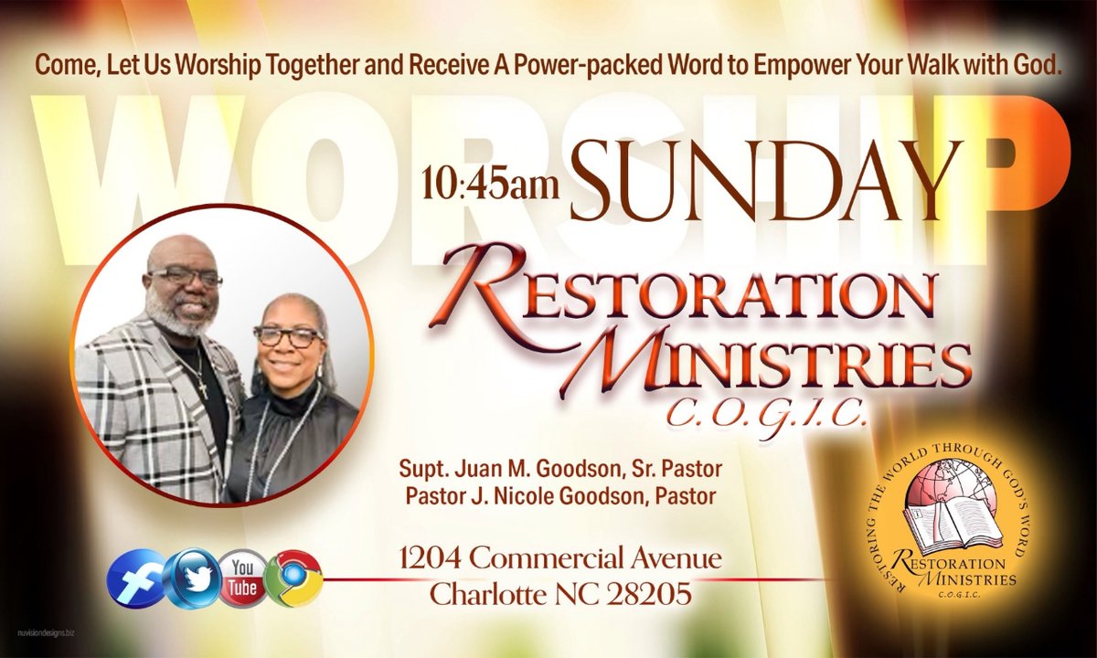 RestoreCOGIC's tweet photo. "Looking for a meaningful way to spend your Sunday morning? Look no further! Join us on Facebook live or YouTube as we come together for a time of spiritual growth and fellowship. Spread the word and invite your loved ones. #church #restoration #sundaymorning #fellowship #family" https://t.co/HrbOntP3H8