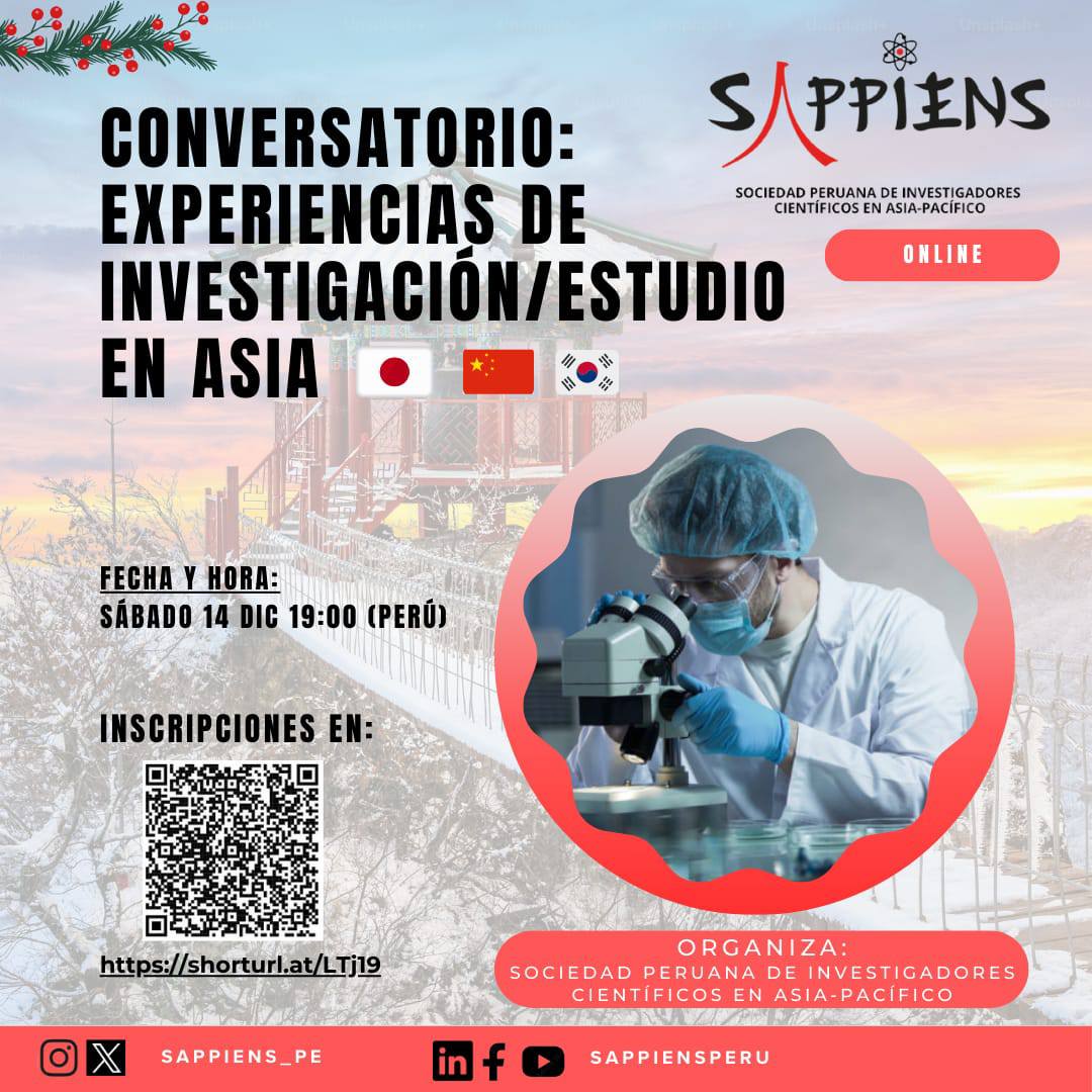 Conversatorio: Experiencias de investigación/estudio en Asia: Japón, China y Corea del Sur
📷Fecha: Sábado 14 de Diciembre
📷Hora: 7. 00 pm (Perú)
Enlace en vivo: facebook.com/share/v/PvgCfj…